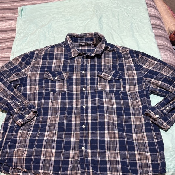 Fashion Nova Navy and White Plaid Button Down Shirt - Picture 1 of 7
